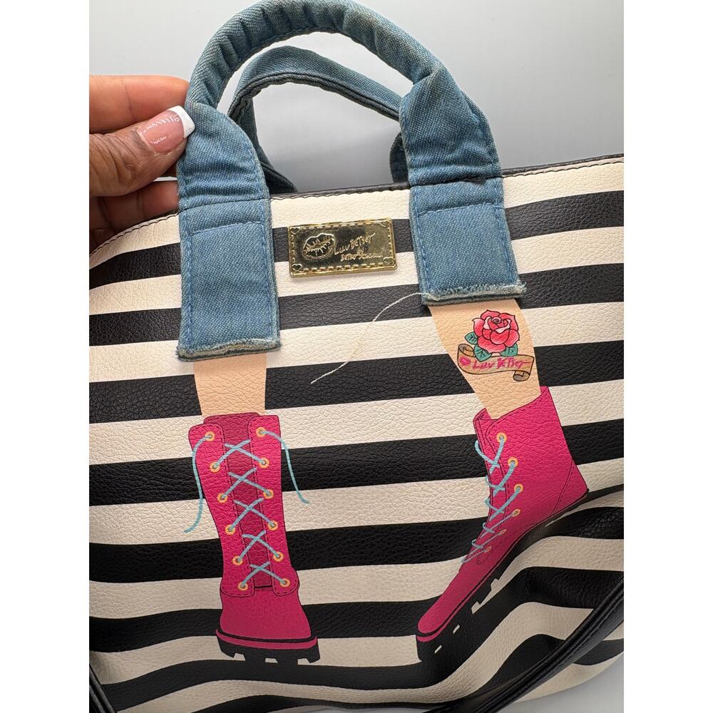 Betsey Johnson Black & White Striped Canvas Tote – Legs Appliqué - Picture 2 of 10